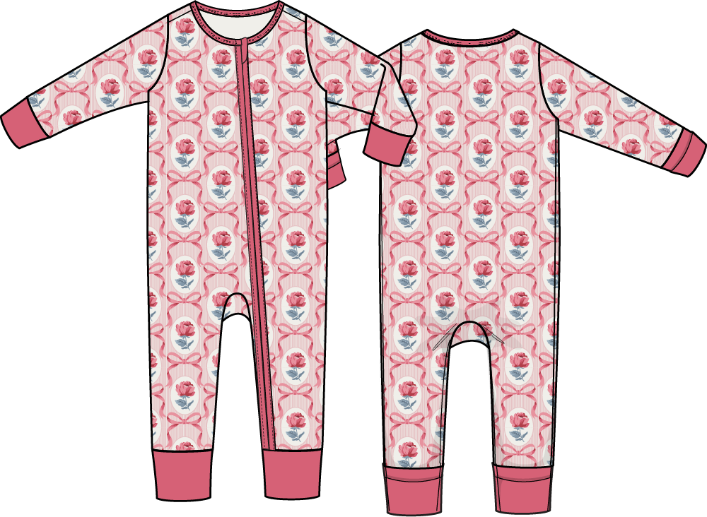 Baby convertible romper in the Leslie Rose floral print with covered feet and a chin zipper guard