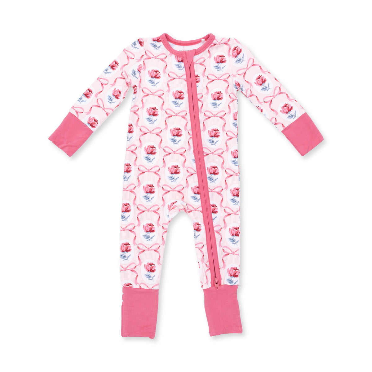 Convertible romper in a rose floral print with two-way zipper, foot grippers, and fold-over cuffs