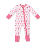 Convertible romper in a rose floral print with two-way zipper, foot grippers, and fold-over cuffs