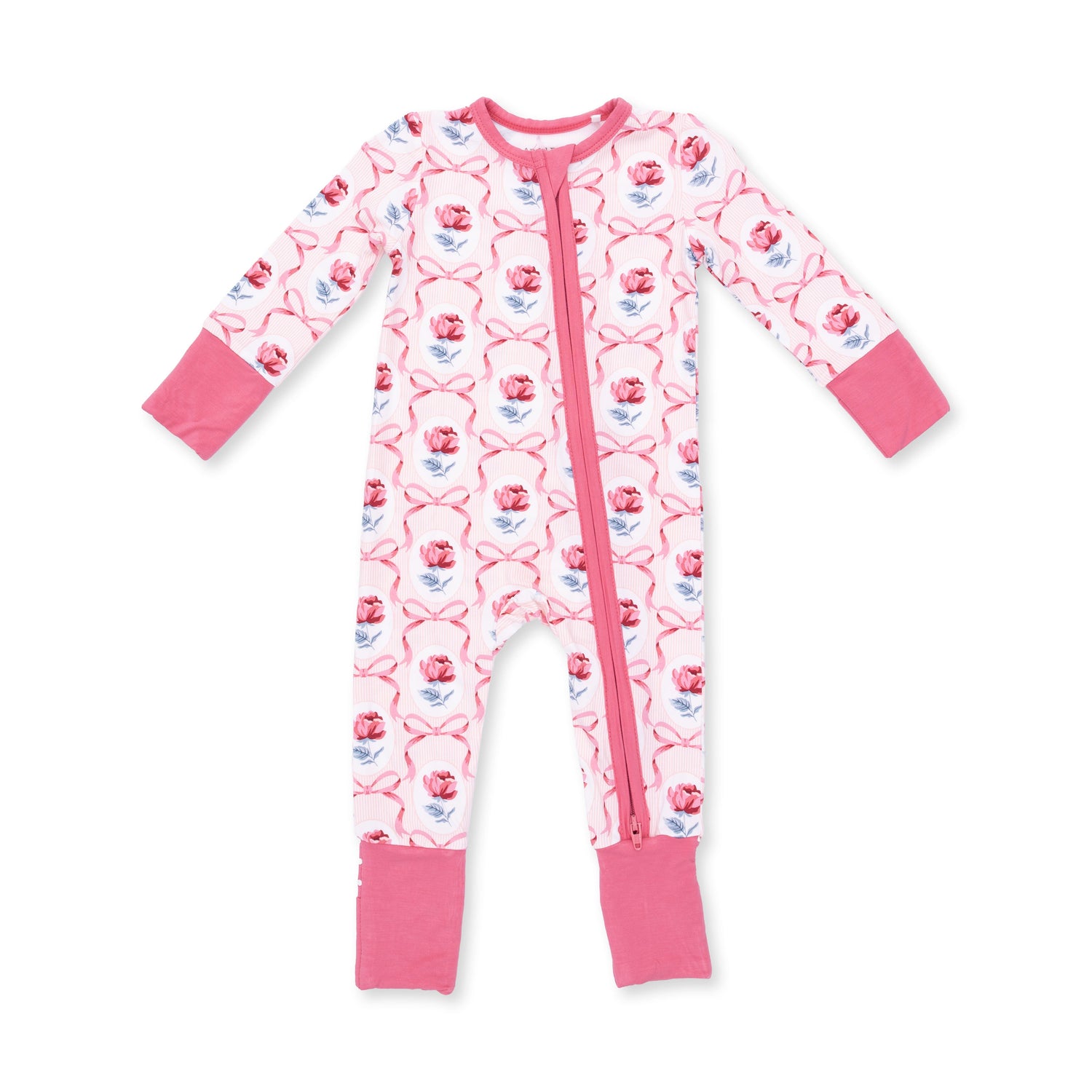Convertible romper in a rose floral print with two-way zipper, foot grippers, and fold-over cuffs
