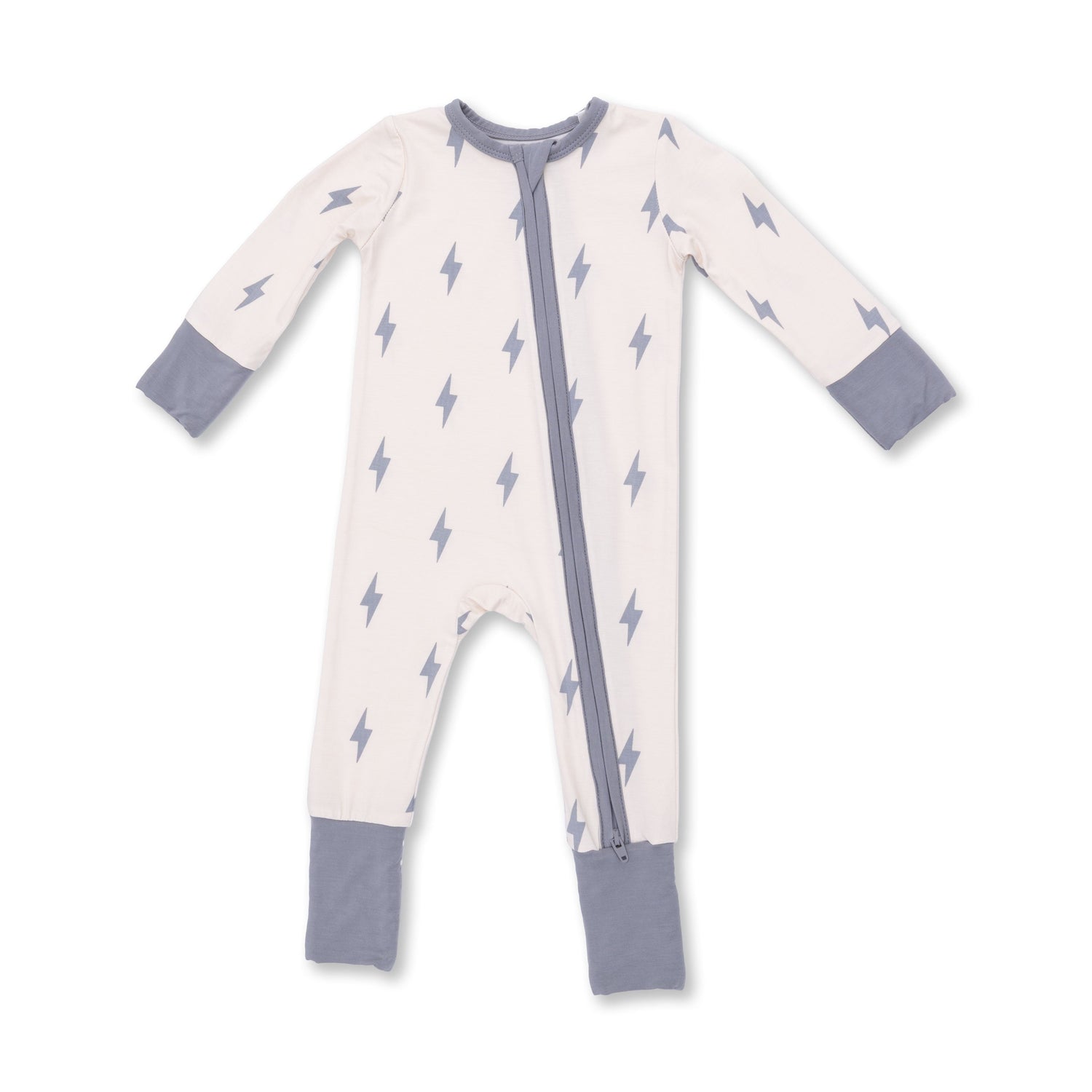 Convertible romper in a lightning bolt print with a two-way zipper, foot grippers, and fold-over cuffs.