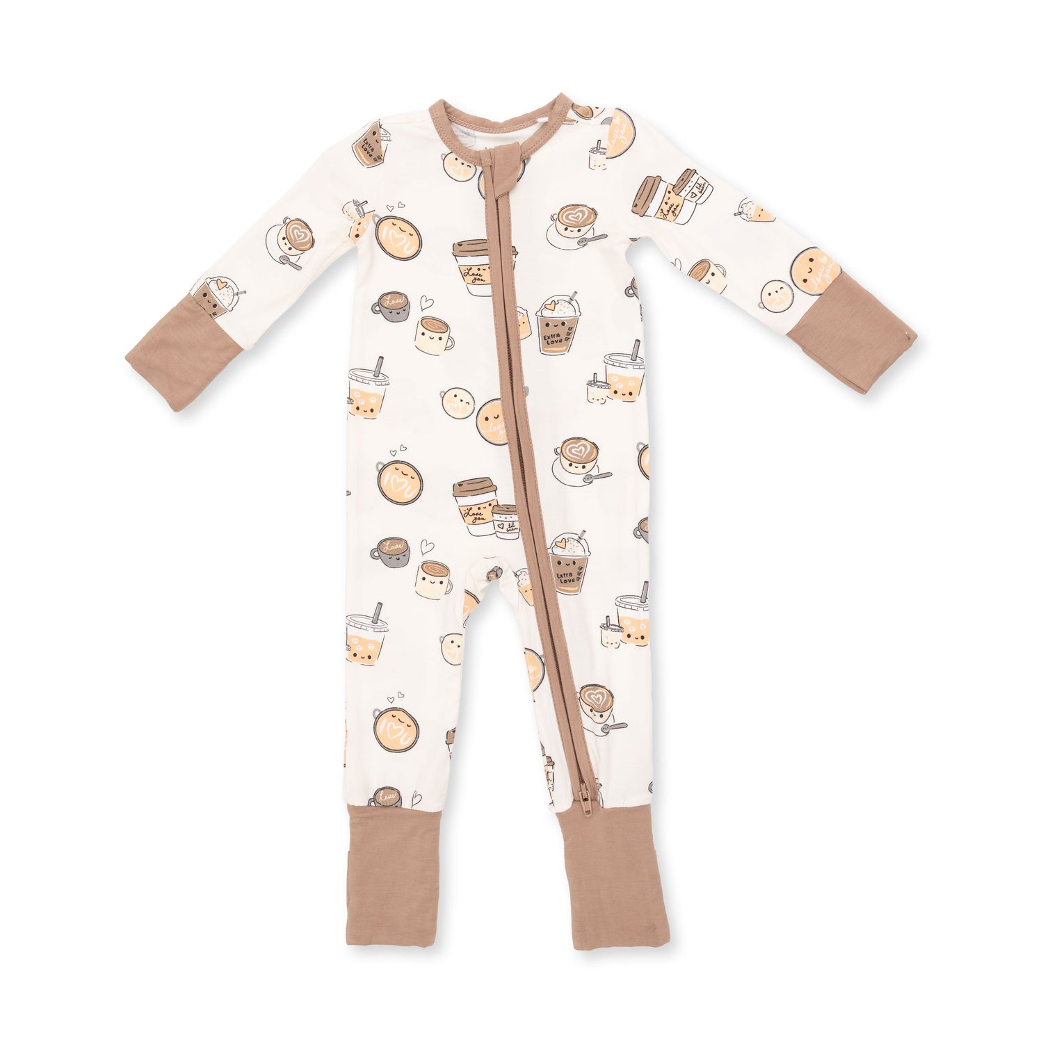 Convertible baby romper in Love You A Latte coffee-cup print with foot grippers and a two-way zipper.