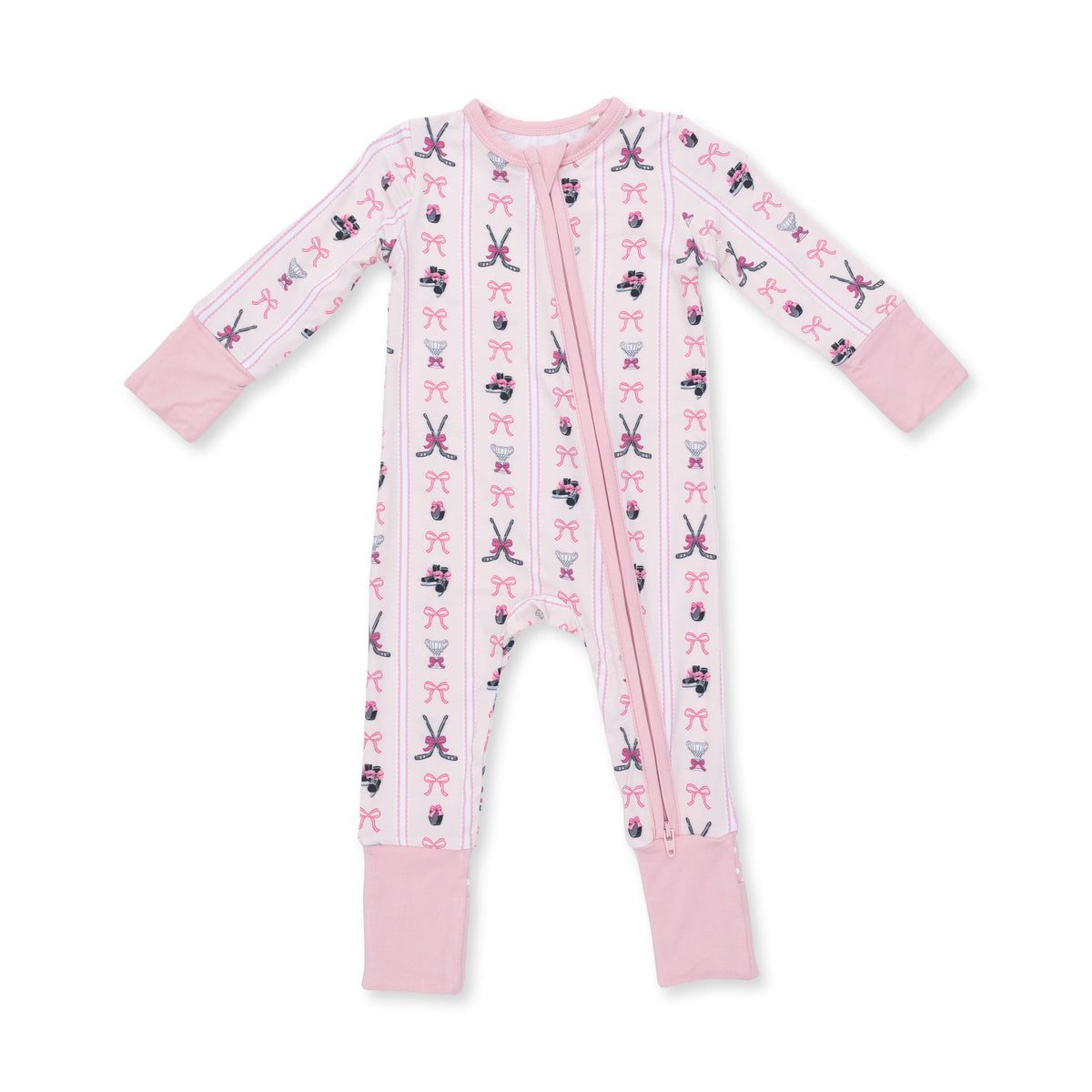 Convertible romper in a hockey-inspired striped print with a two-way front zipper and footed legs