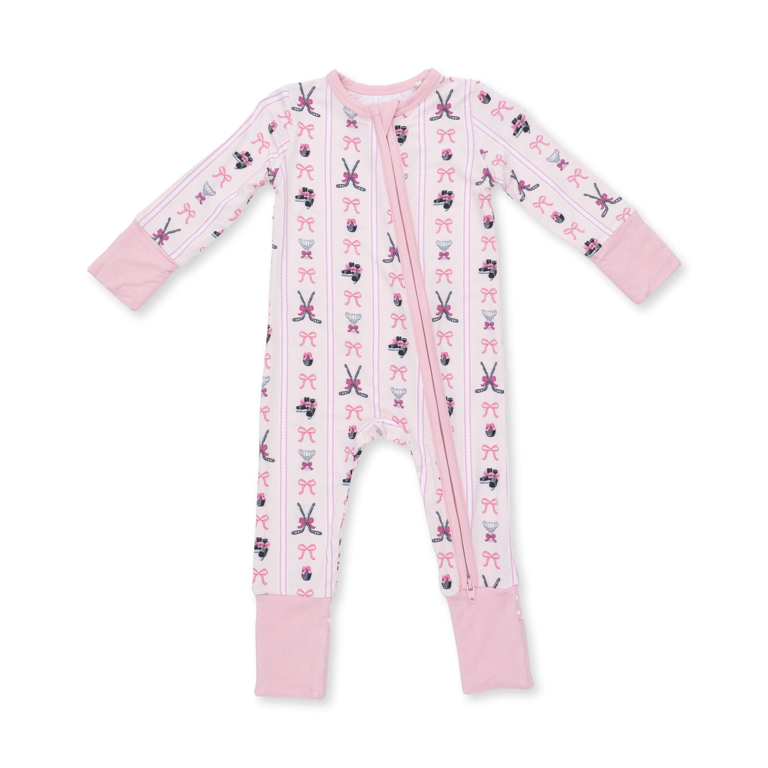 Convertible romper in a hockey-inspired striped print with a two-way front zipper and footed legs