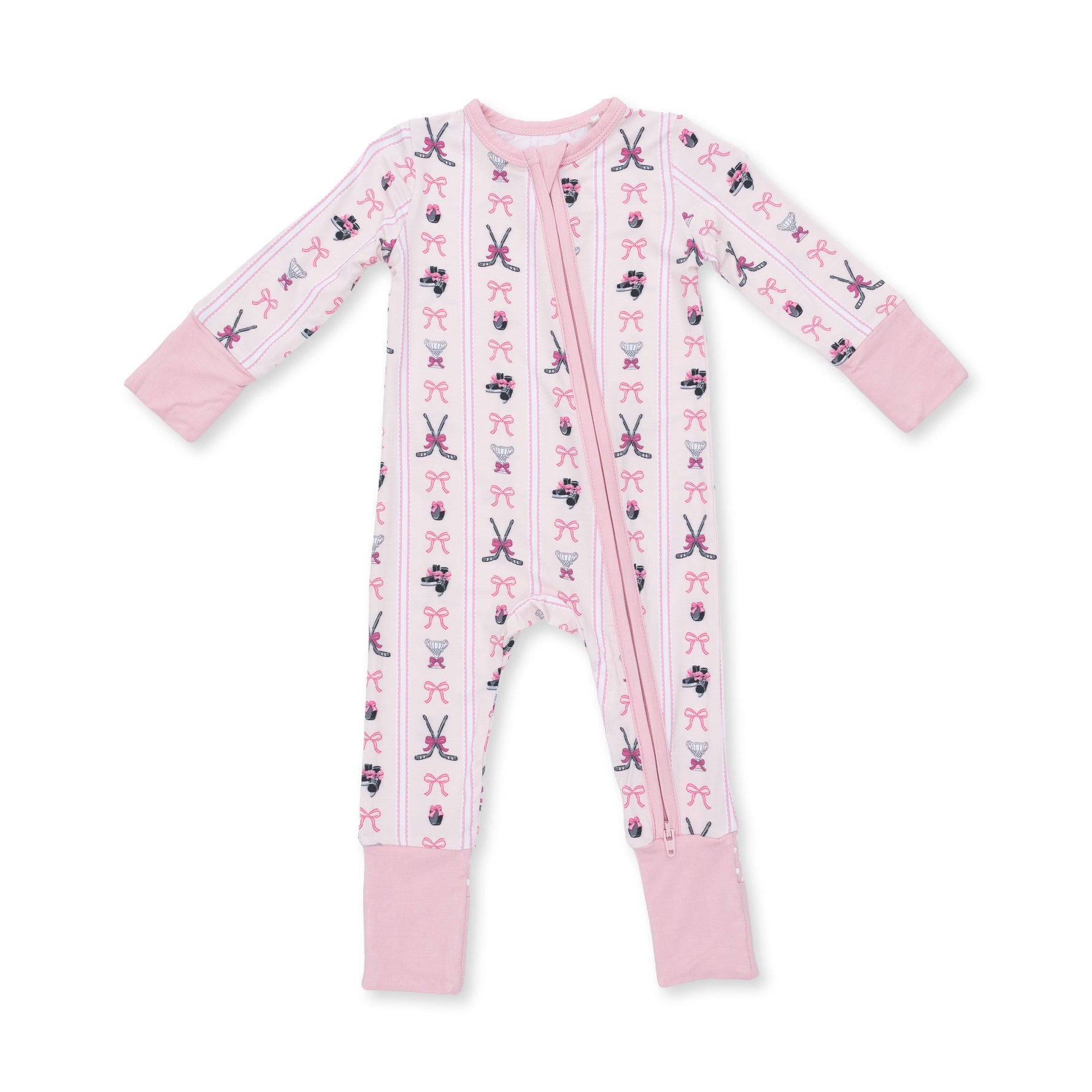 Convertible romper in a hockey-inspired striped print with a two-way front zipper and footed legs