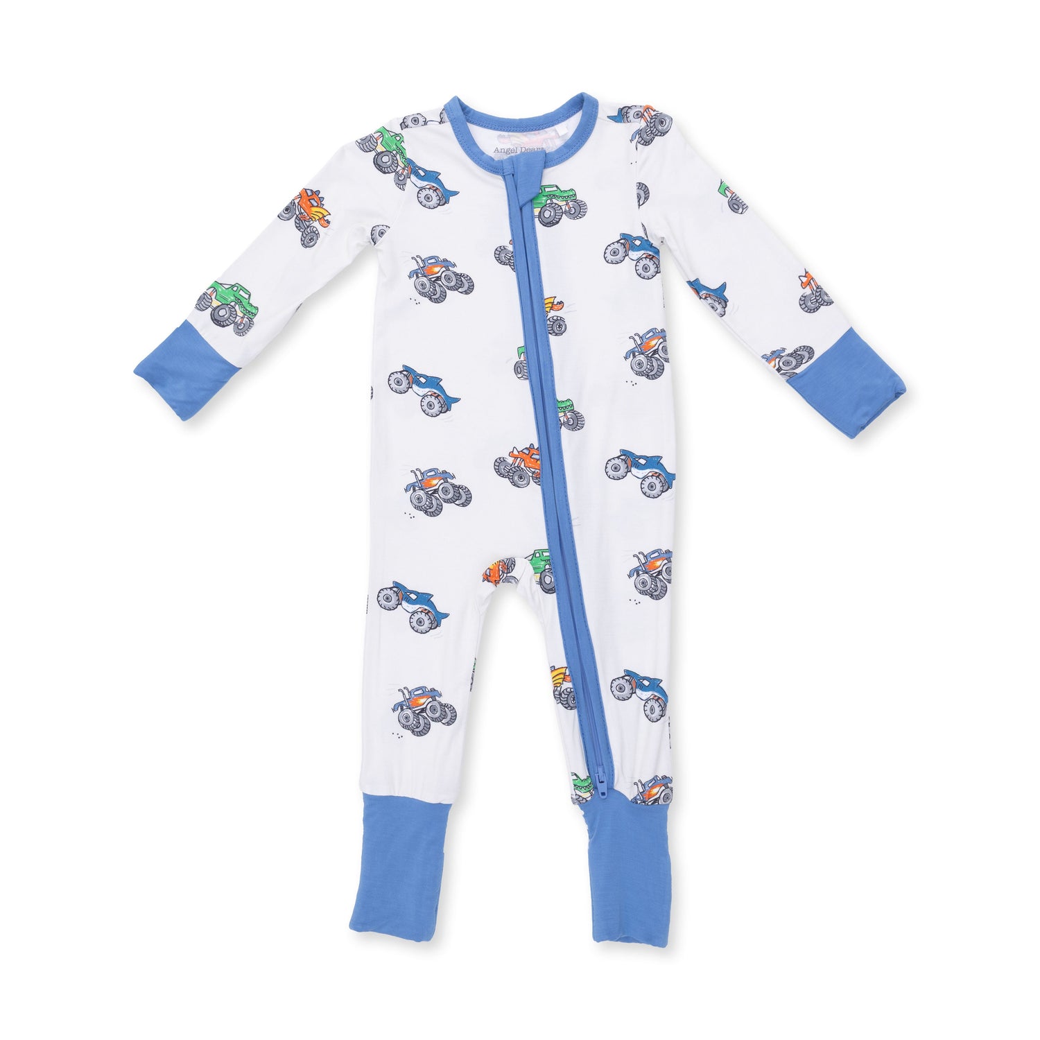 Convertible romper with a monster truck print, two-way zipper down the front, and gripper feet