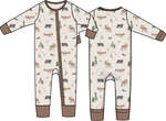 Baby romper printed with woodland bears, foxes and deer, with covered gripper feet