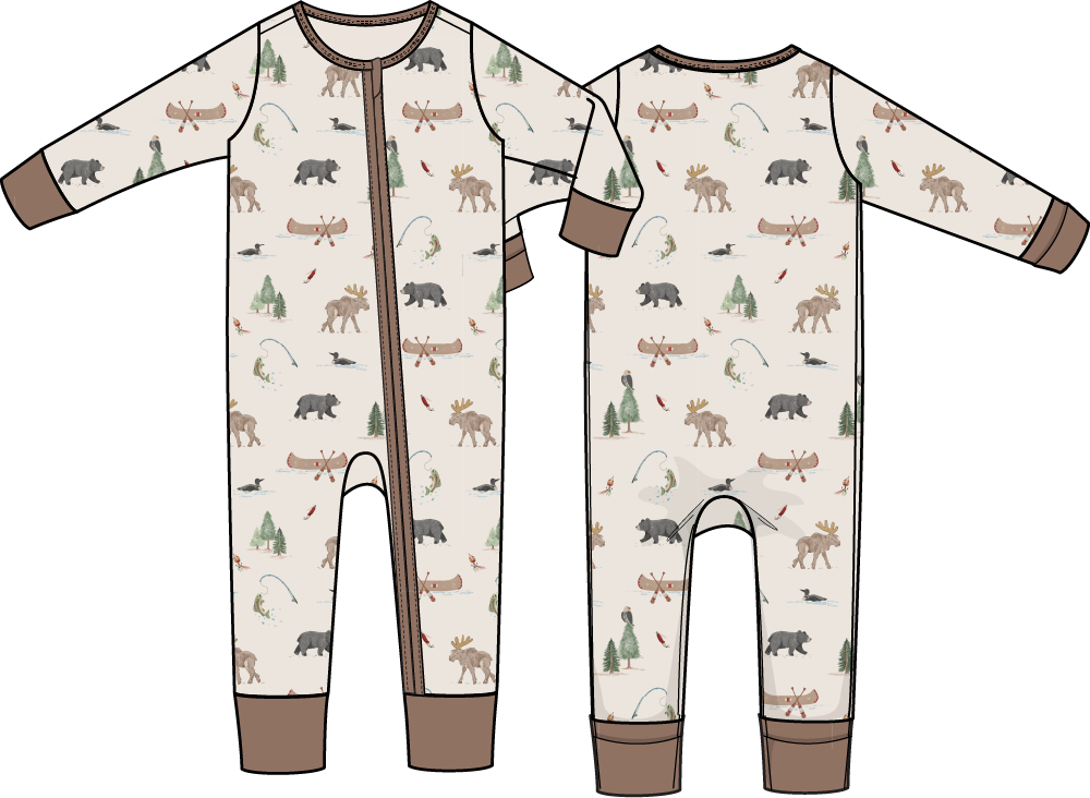 Baby romper printed with woodland bears, foxes and deer, with covered gripper feet