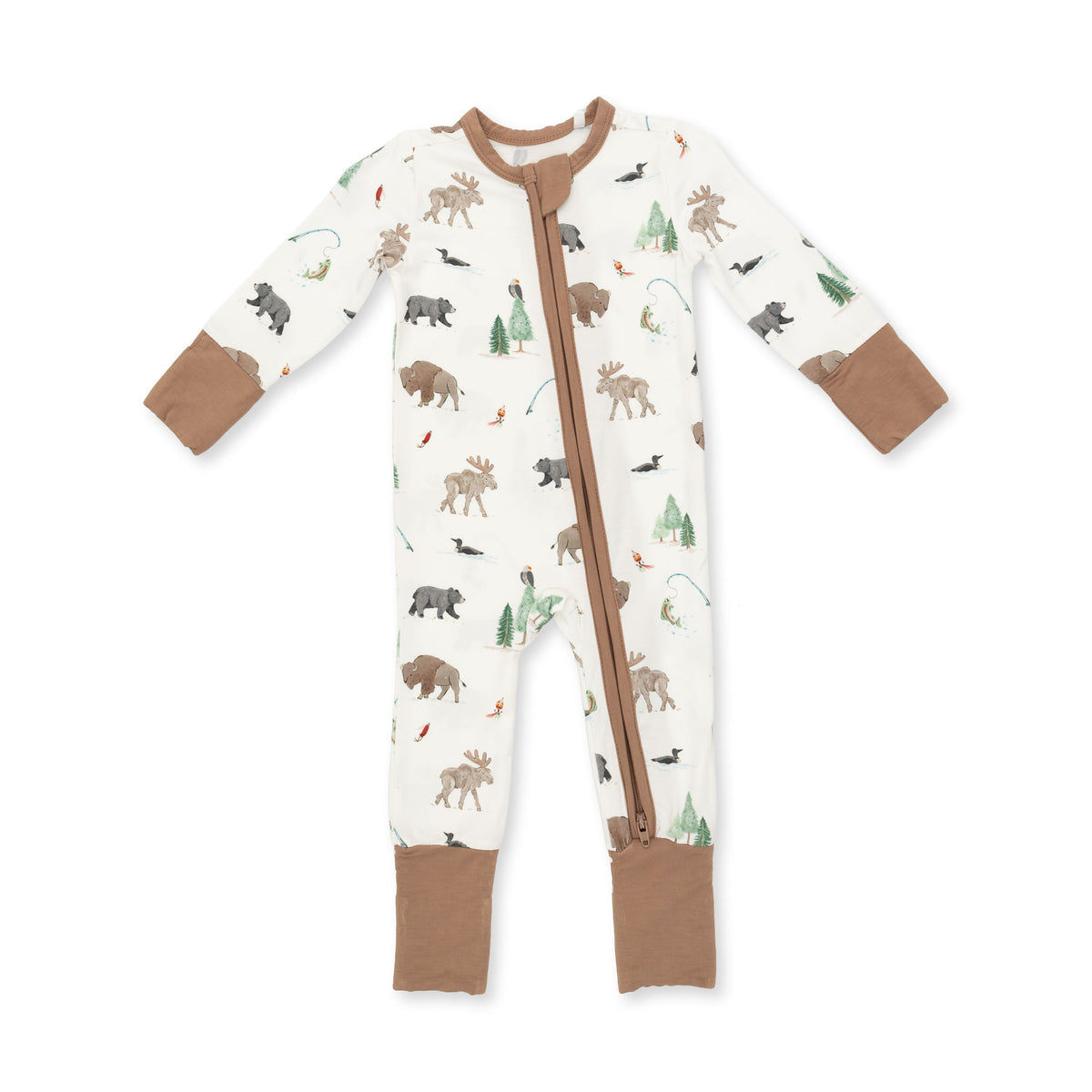 Convertible baby romper in a Northern Woodland Animals print with woodland critters, two-way zipper, and footed cuffs.
