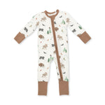 Convertible baby romper in a Northern Woodland Animals print with woodland critters, two-way zipper, and footed cuffs.