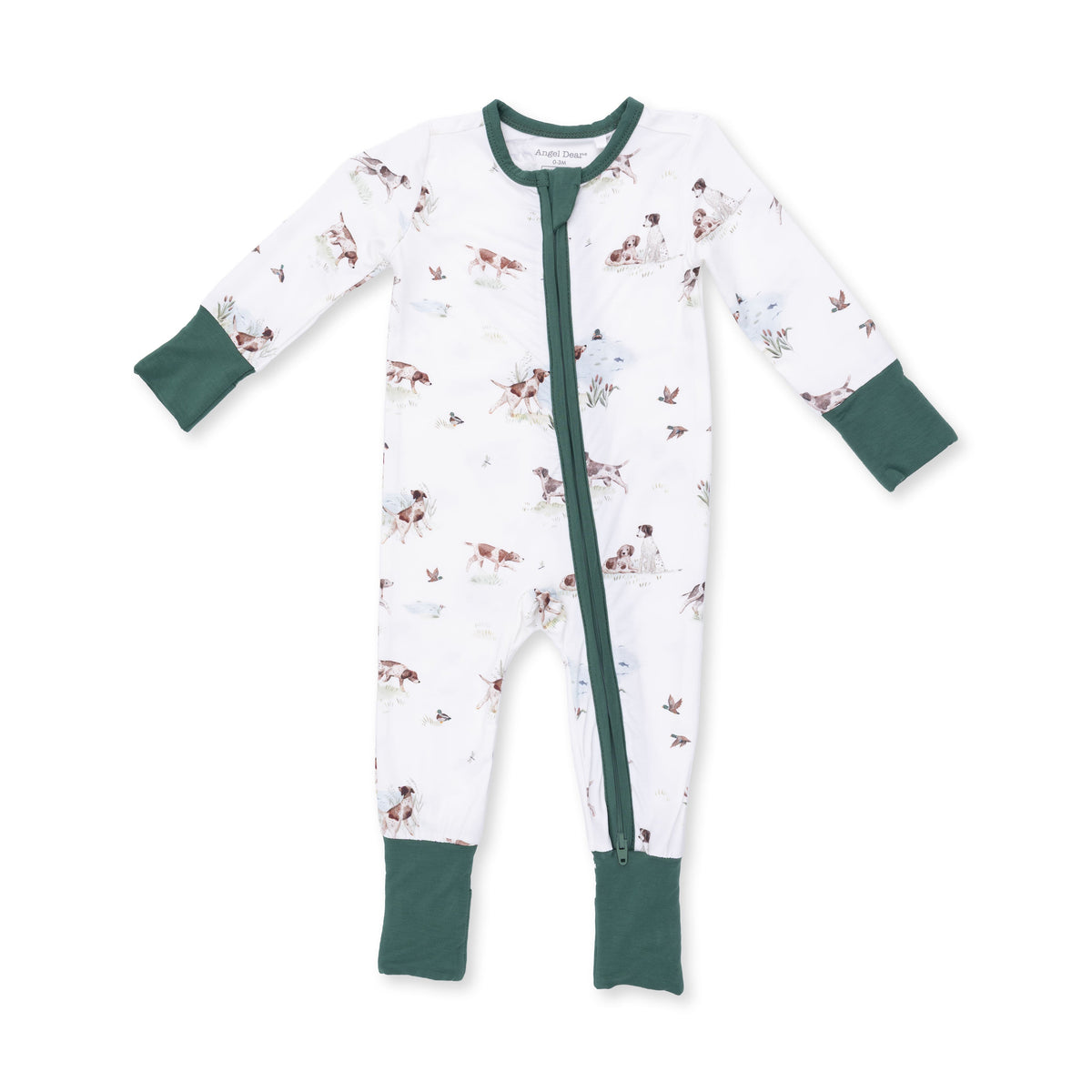 Baby romper printed with pointer puppies and ducks, with fold-over cuffs and covered feet