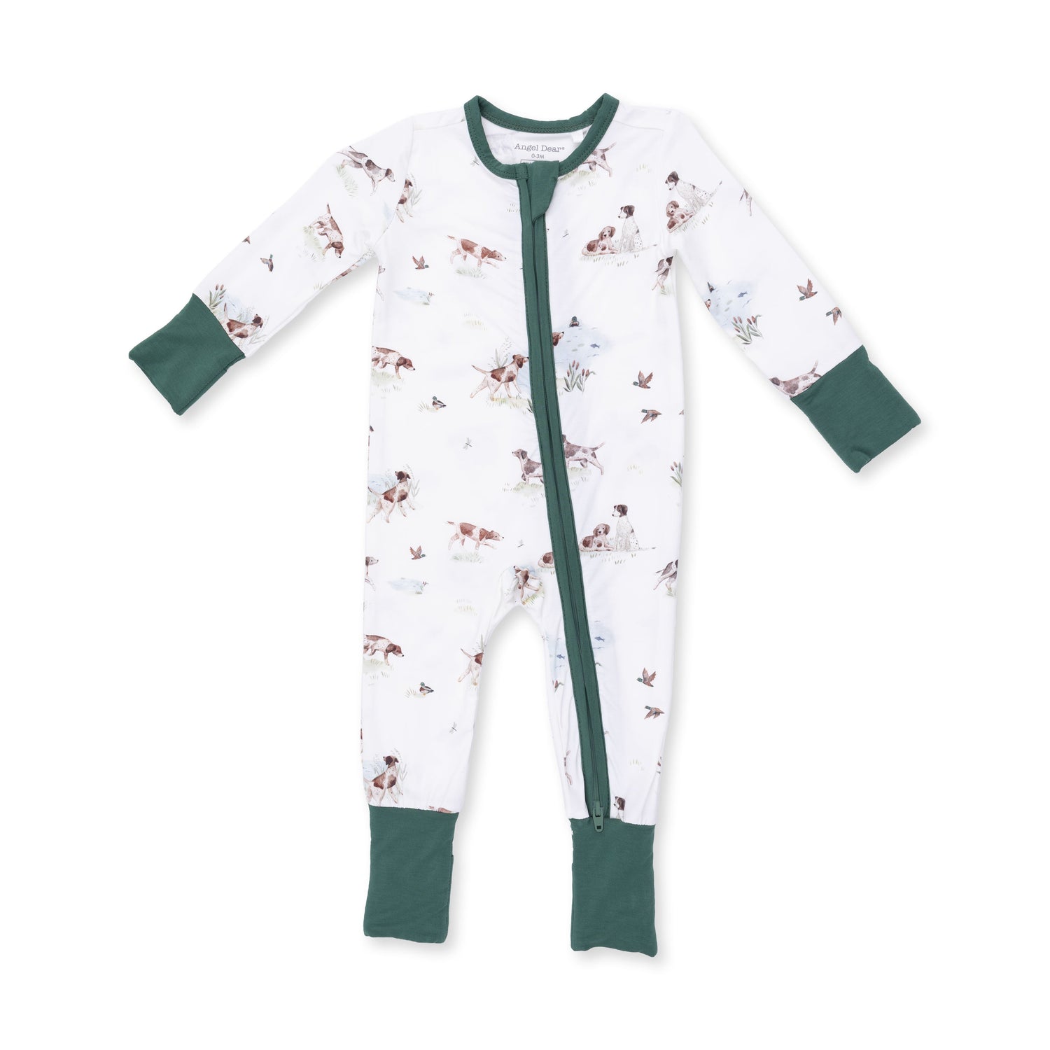 Convertible baby romper in a pointer pups and duck buddies print with two-way zipper and foot cuffs.