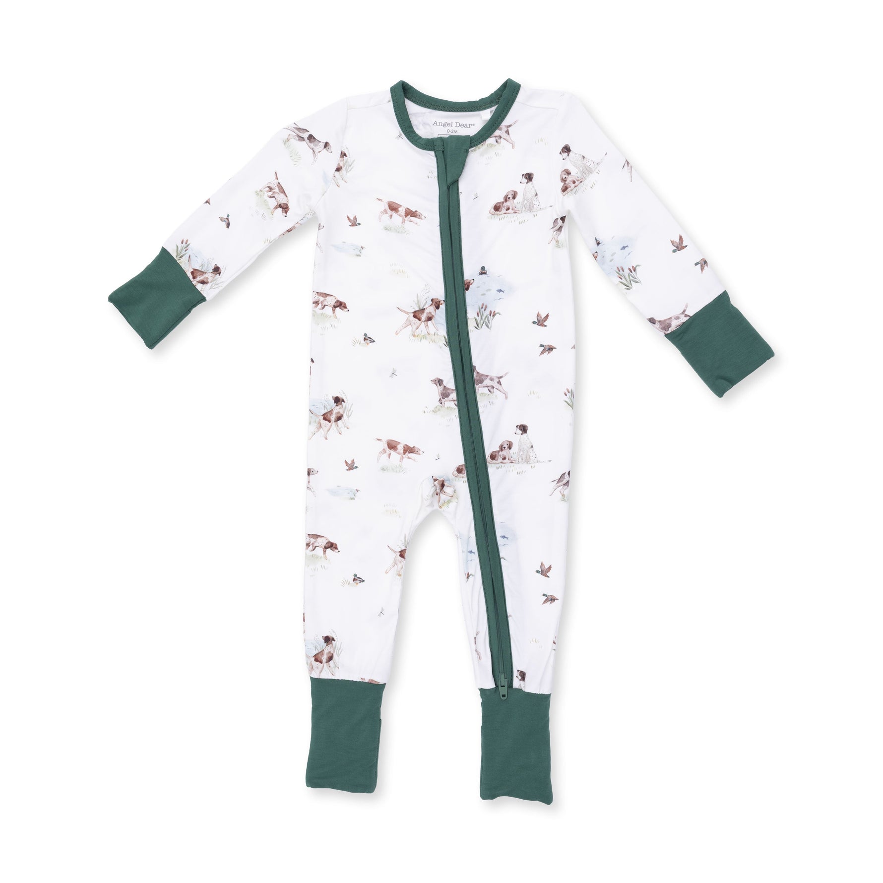 Baby romper printed with pointer puppies and ducks, with fold-over cuffs and covered feet