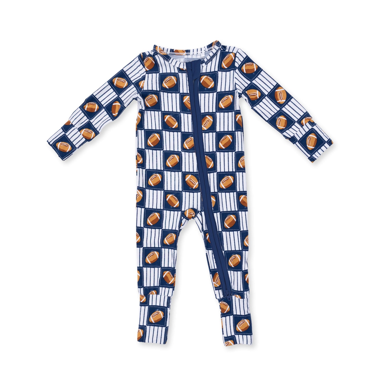 Convertible romper in a patchwork football print with a two-way zipper and covered feet.