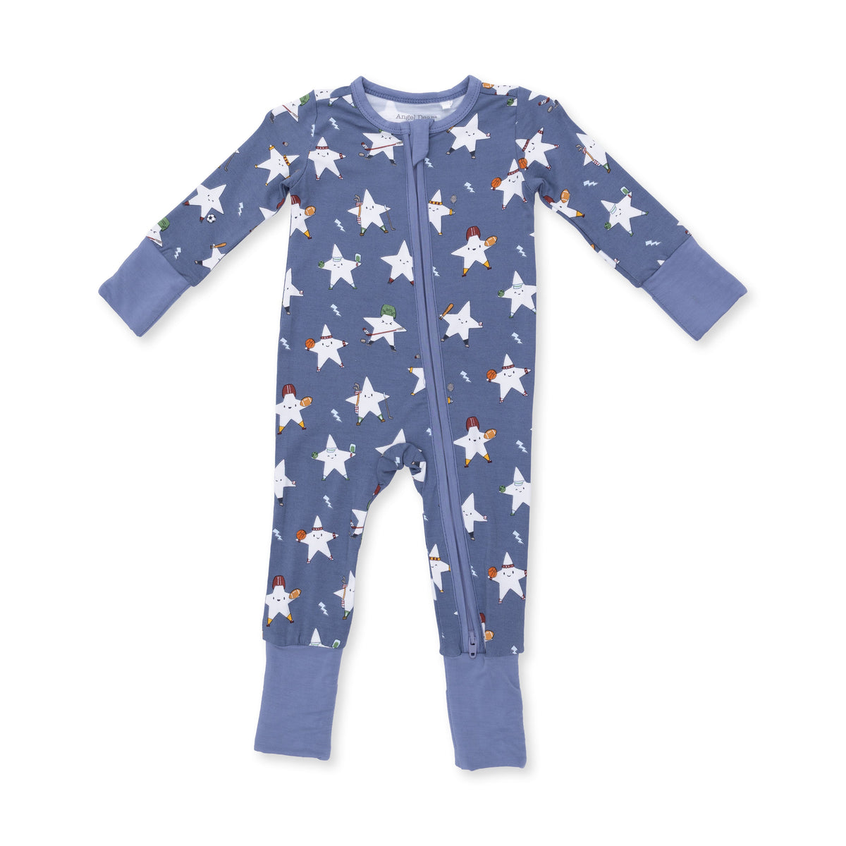 Baby convertible romper in a glow-in-the-dark sports print with covered gripper feet