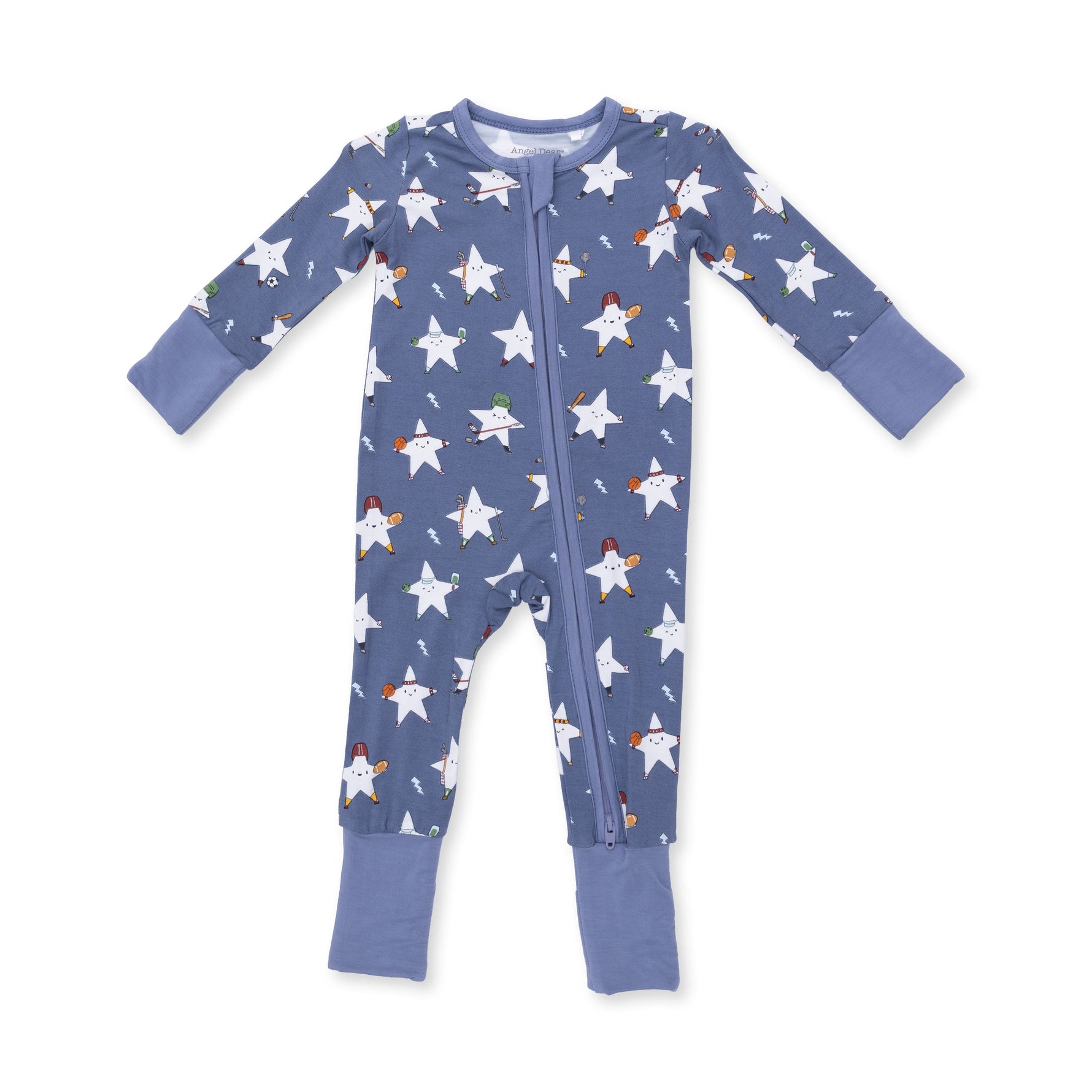 Baby convertible romper in a glow-in-the-dark sports print with covered gripper feet