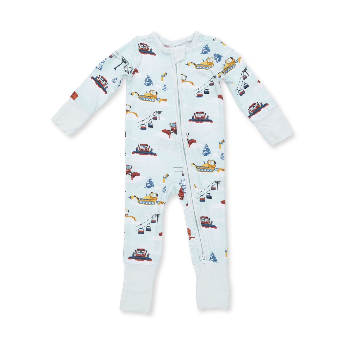 Convertible romper in a Snow Cats print with two-way zipper, foot grippers, and fold-over cuffs