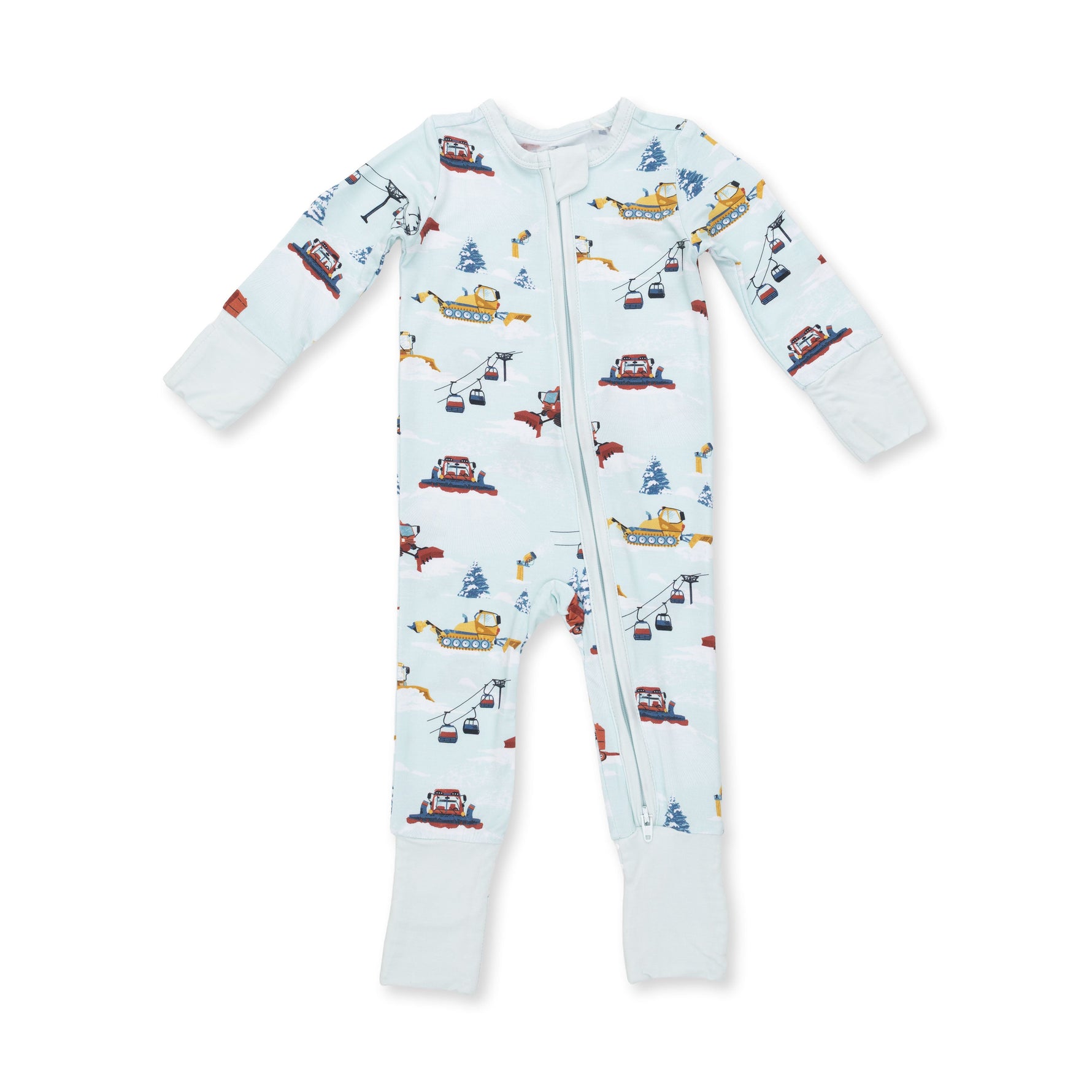 Convertible romper in a Snow Cats print with two-way zipper, foot grippers, and fold-over cuffs