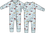 Baby convertible romper in a pale winter cat print with fold-over foot cuffs