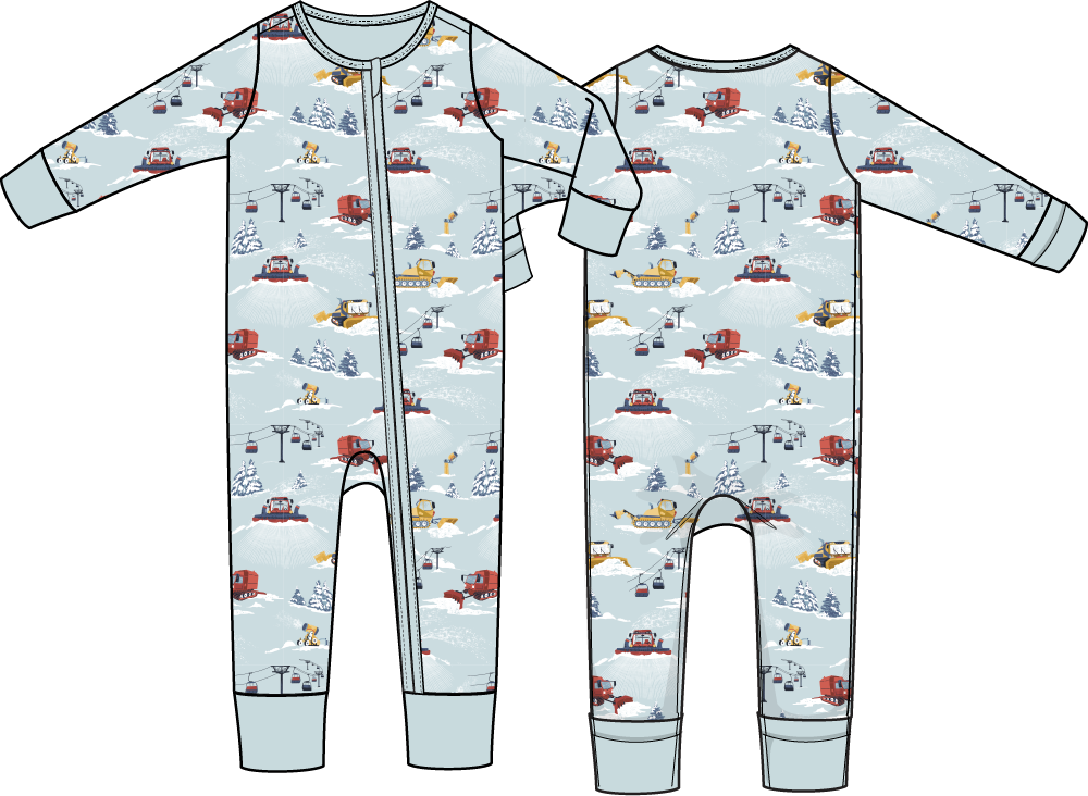 Baby convertible romper in a pale winter cat print with fold-over foot cuffs