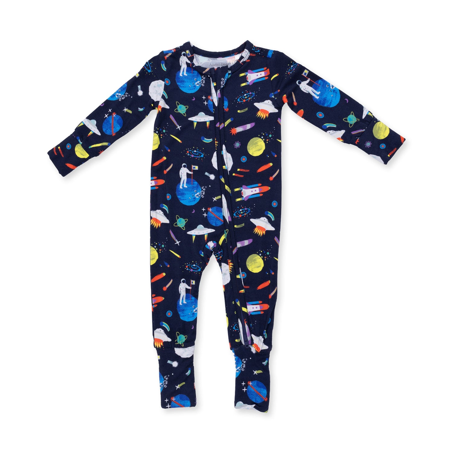 Convertible baby romper with an astronaut and rocket print in a space-themed pattern