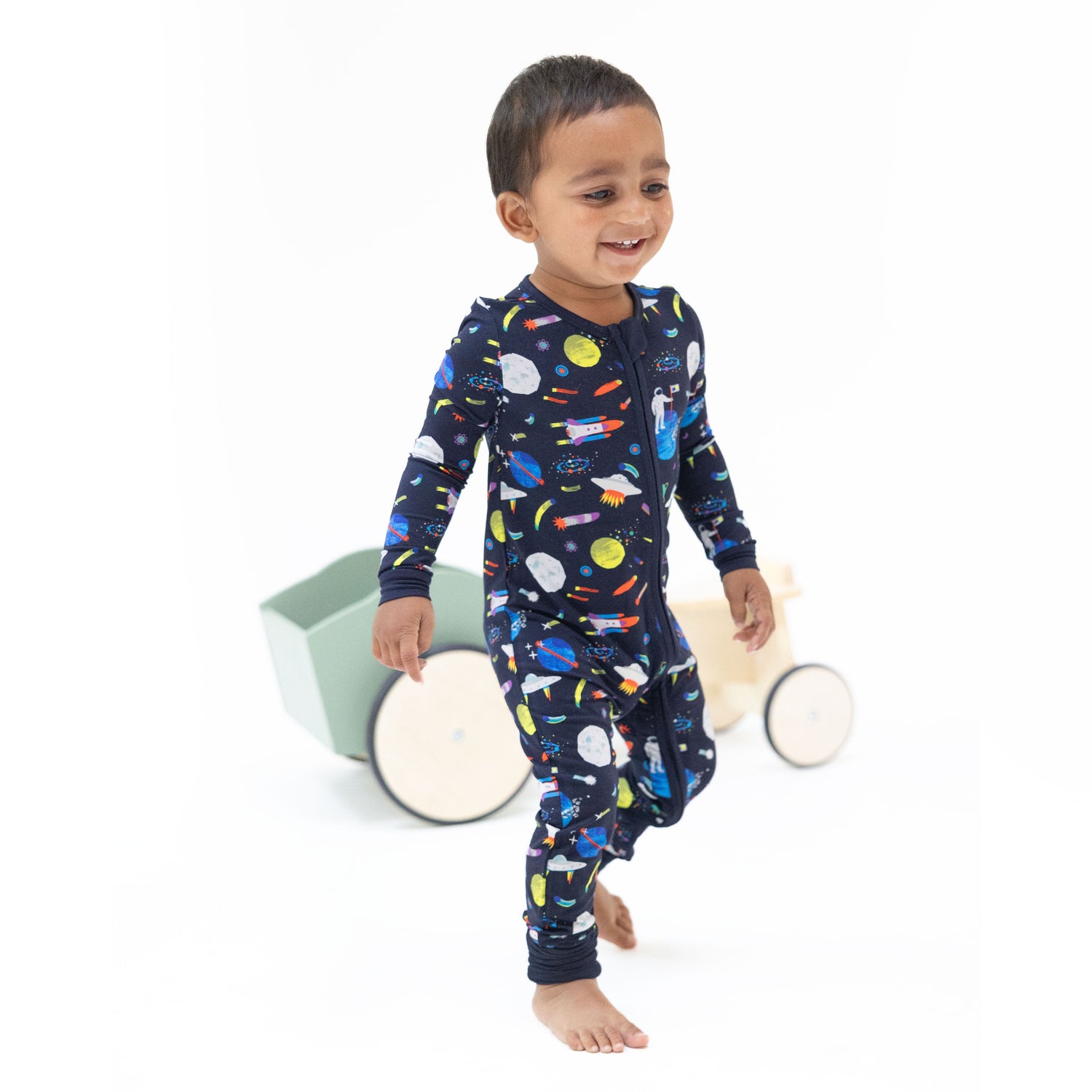 Bamboo viscose convertible romper with astronaut and rockets print and two-way zipper