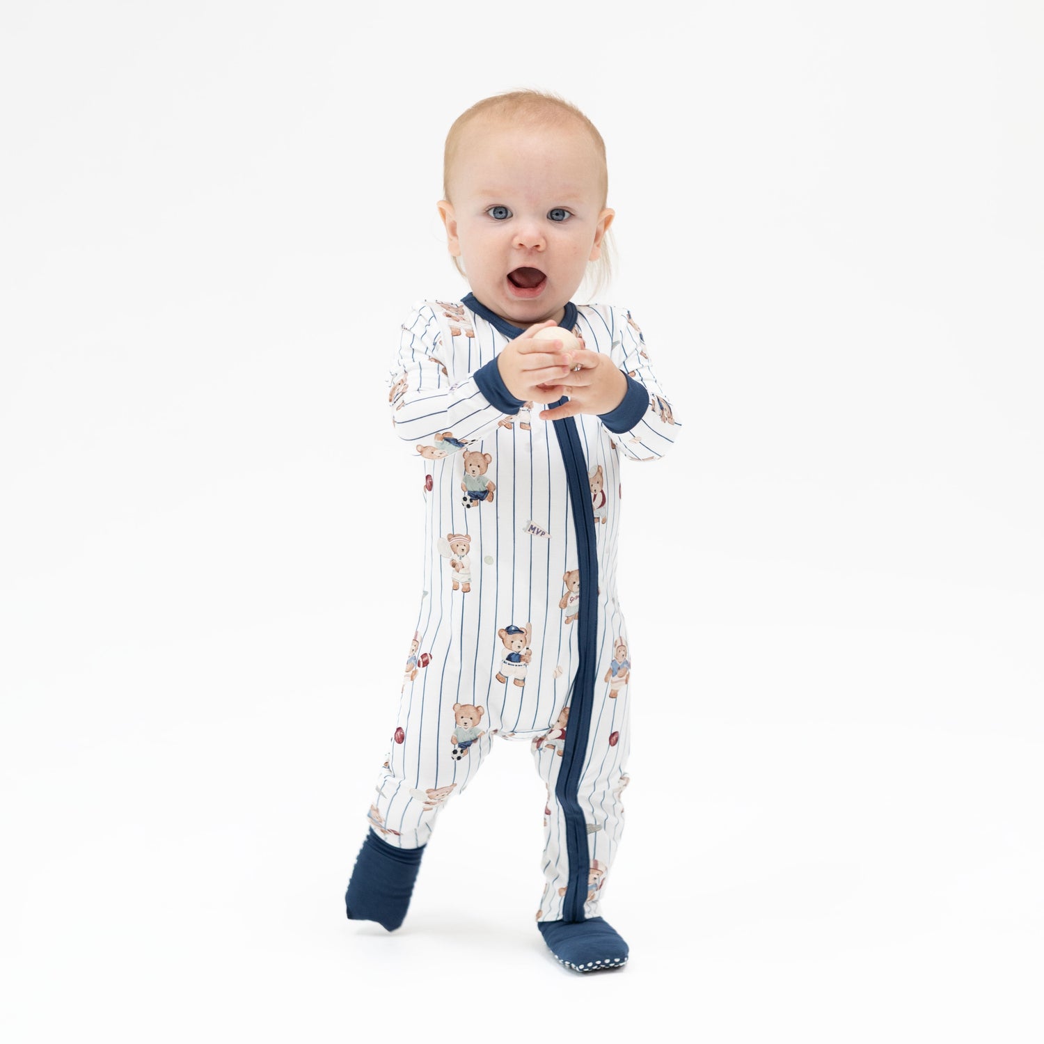 Convertible romper with a Mixed Sports Bears print, two-way zipper, and foot grippers