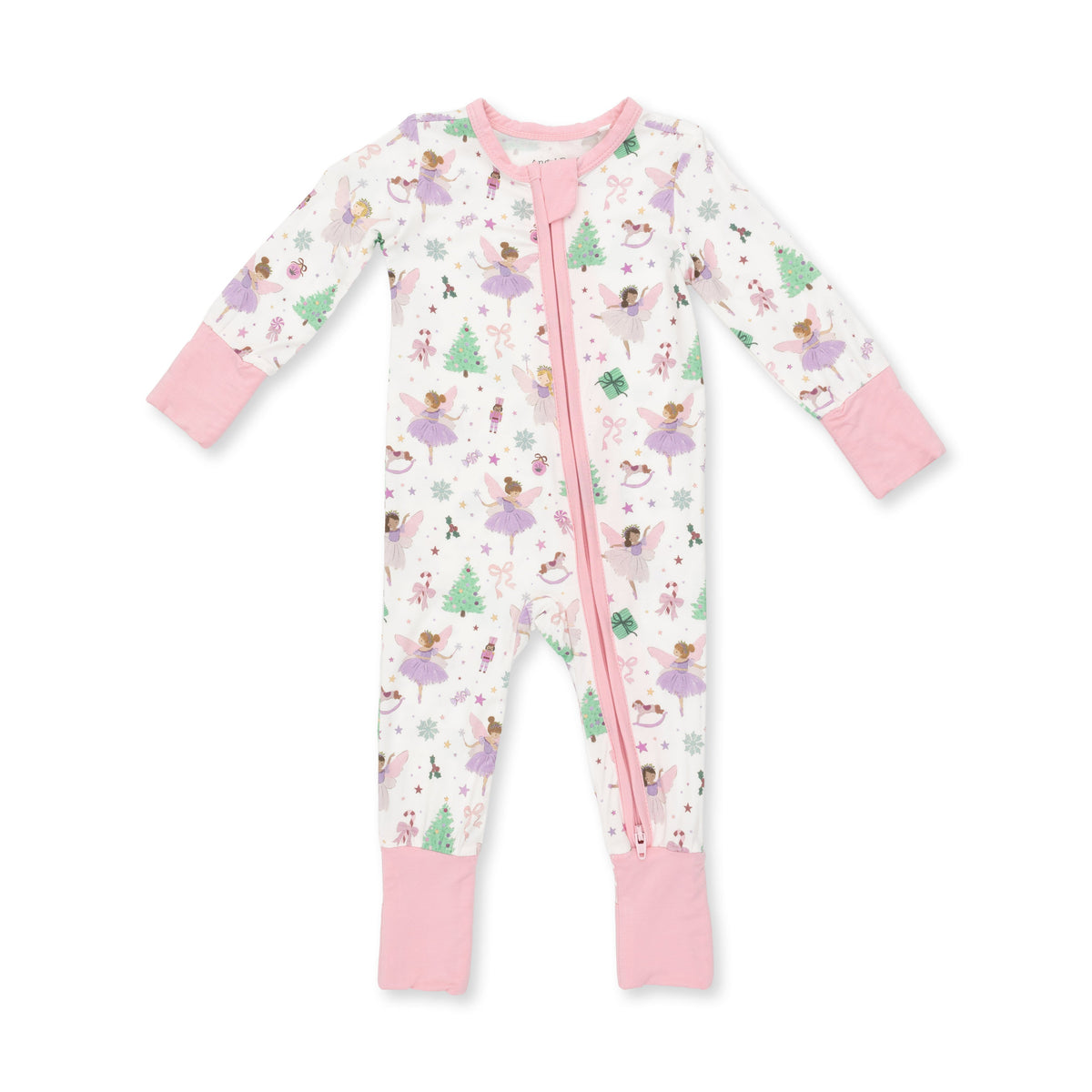 Baby convertible romper with two-way zipper in Sugar Plum Fairies print with footed cuffs