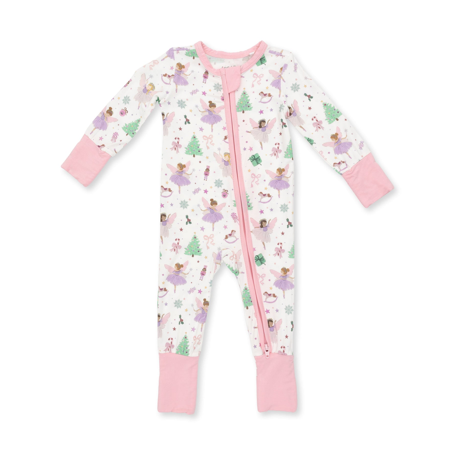 Baby convertible romper with two-way zipper in Sugar Plum Fairies print with footed cuffs