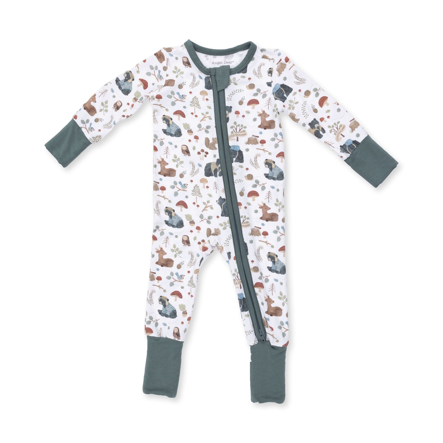 Convertible romper in green with a Southern Woodland Animals print, showing zipper front and gripped feet
