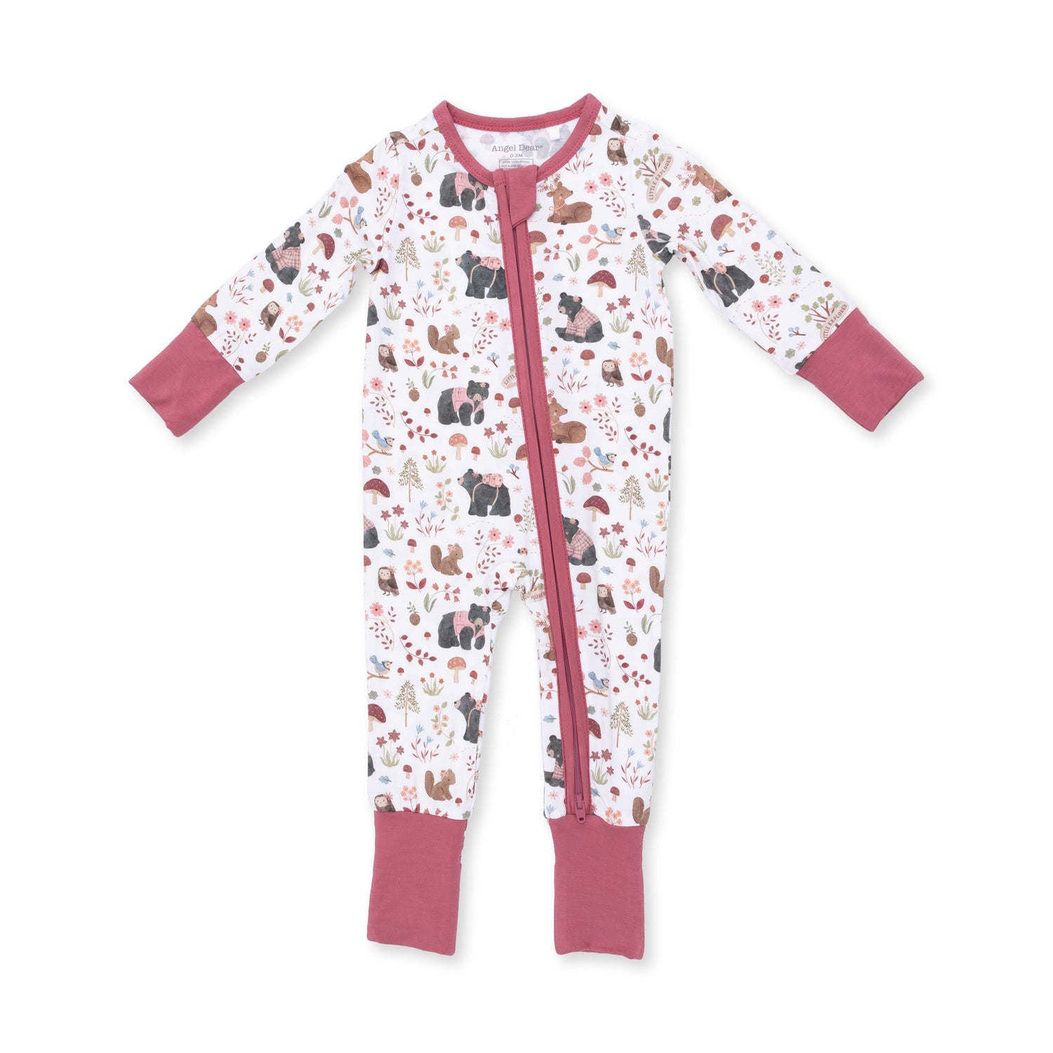 Convertible zip romper in pink with a woodland animals print, foot grippers, and fold-over cuffs.