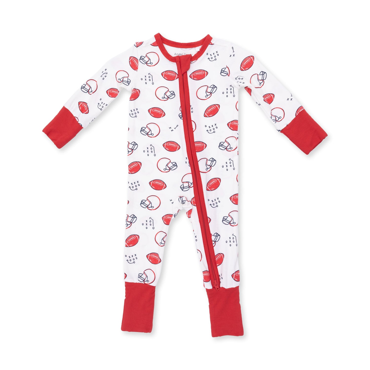 Convertible romper with a football-themed touchdown print, two-way zipper, and fold-over foot cuffs.