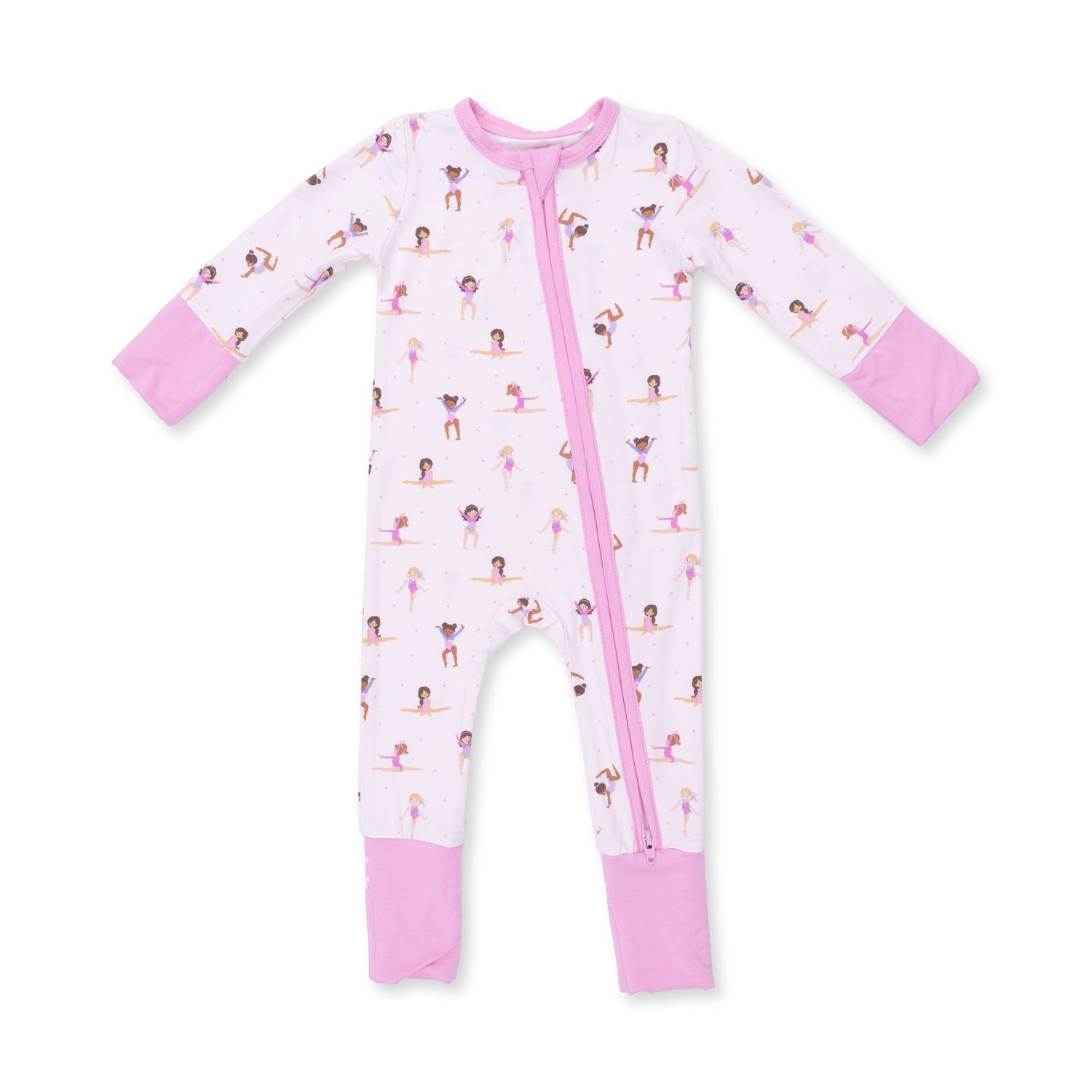 Convertible romper with a playful Tiny Tumblers print, a full two-way zipper, and grippered feet.