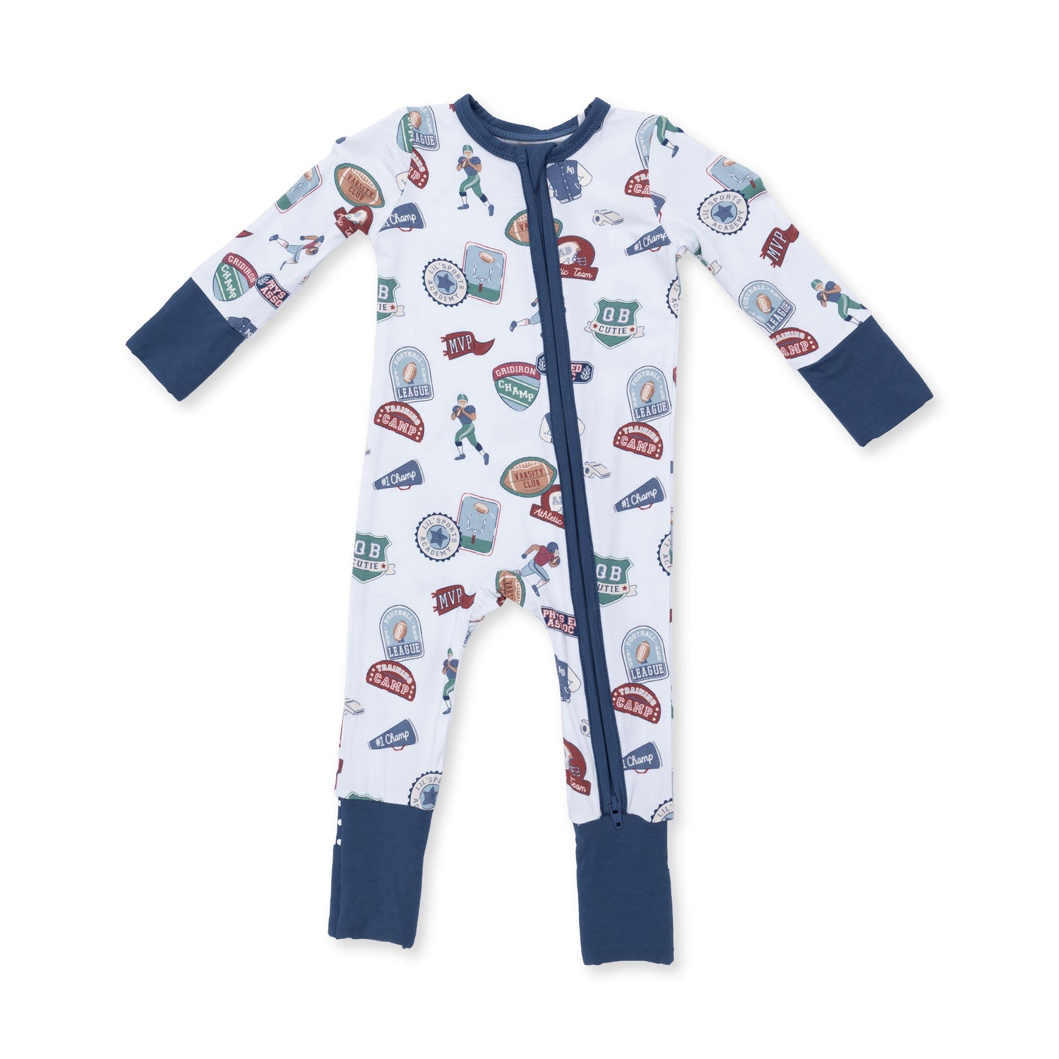 Convertible romper with a football patches print, two-way zipper, and foot grippers