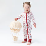 Convertible baby romper with a hot air balloon print, zipper front, and fold-over foot cuffs