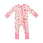 Baby convertible zip romper in pink with vintage reindeer and Santa print, fold-over foot cuffs