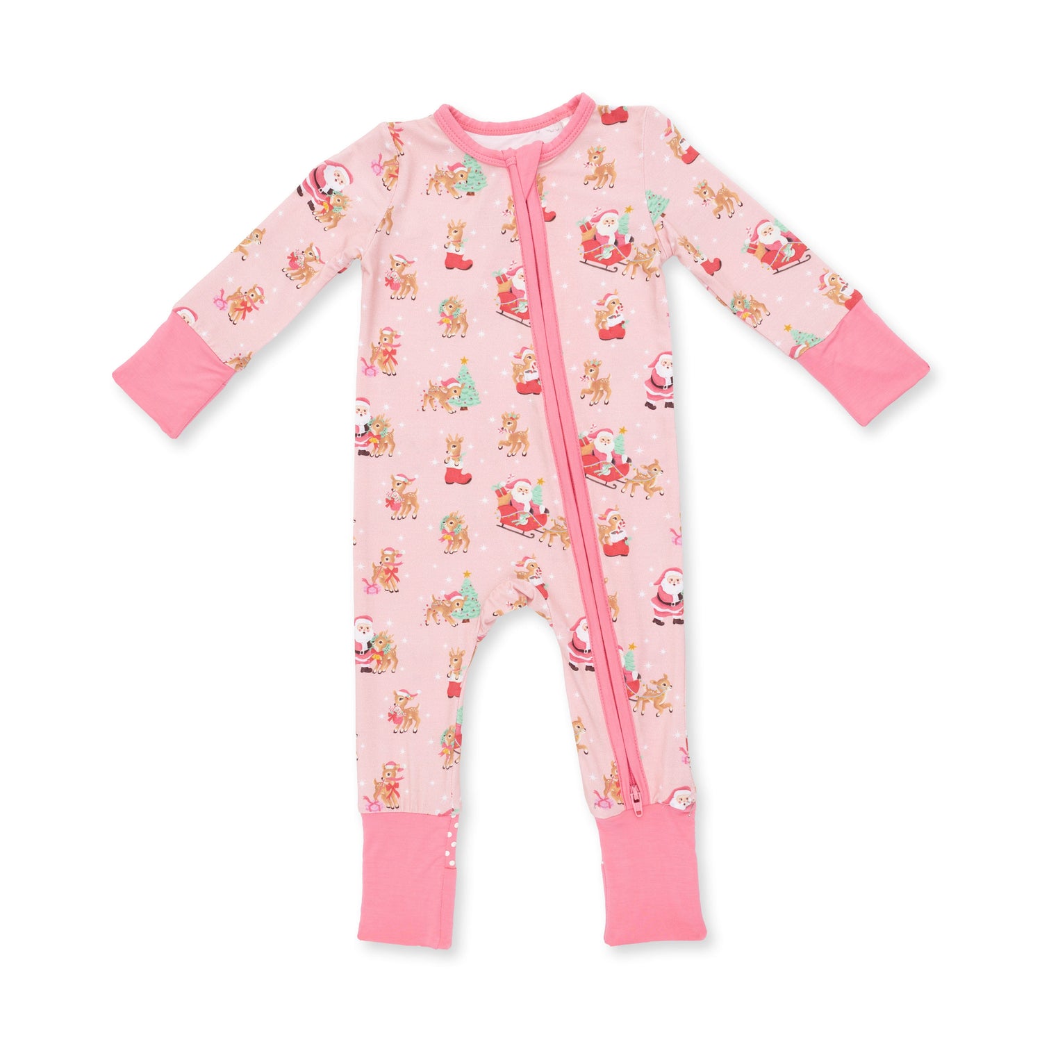 Baby convertible zip romper in pink with vintage reindeer and Santa print, fold-over foot cuffs