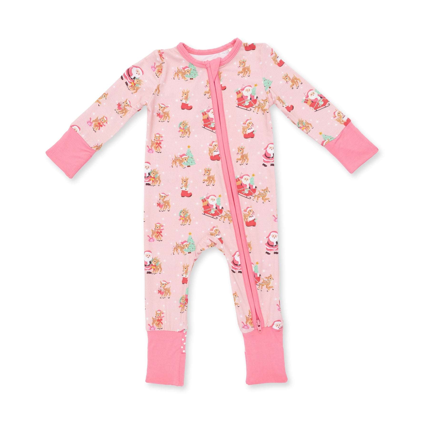 Baby convertible zip romper in pink with vintage reindeer and Santa print, fold-over foot cuffs