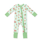 Baby convertible zip romper in a vintage reindeer and Santa print with footed cuffs