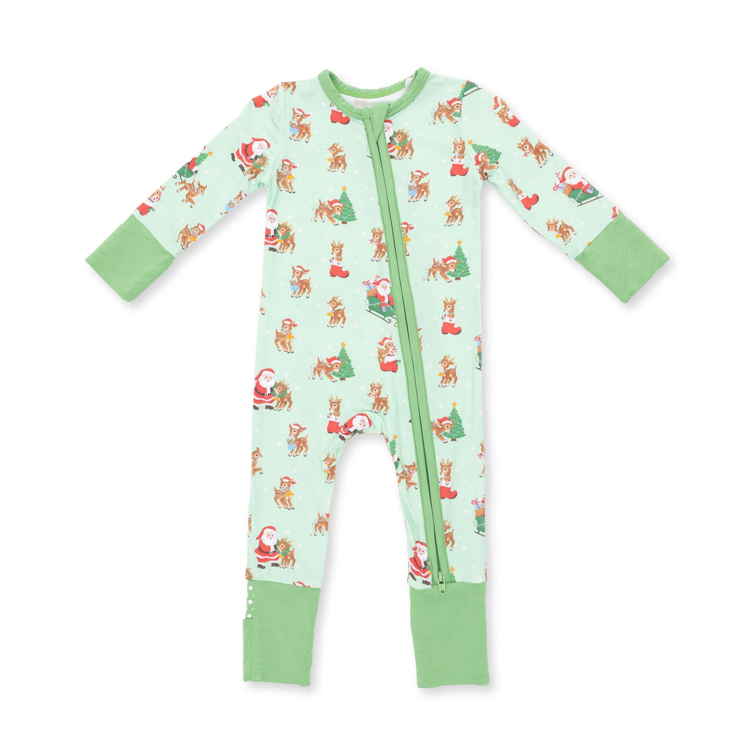 Baby convertible zip romper in a vintage reindeer and Santa print with footed cuffs