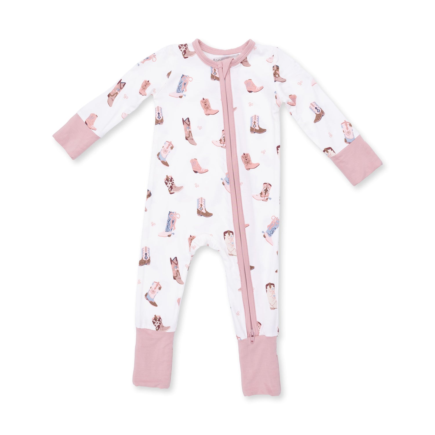 Convertible baby romper in a Western cowboy boot print with two-way zipper and footed cuffs.
