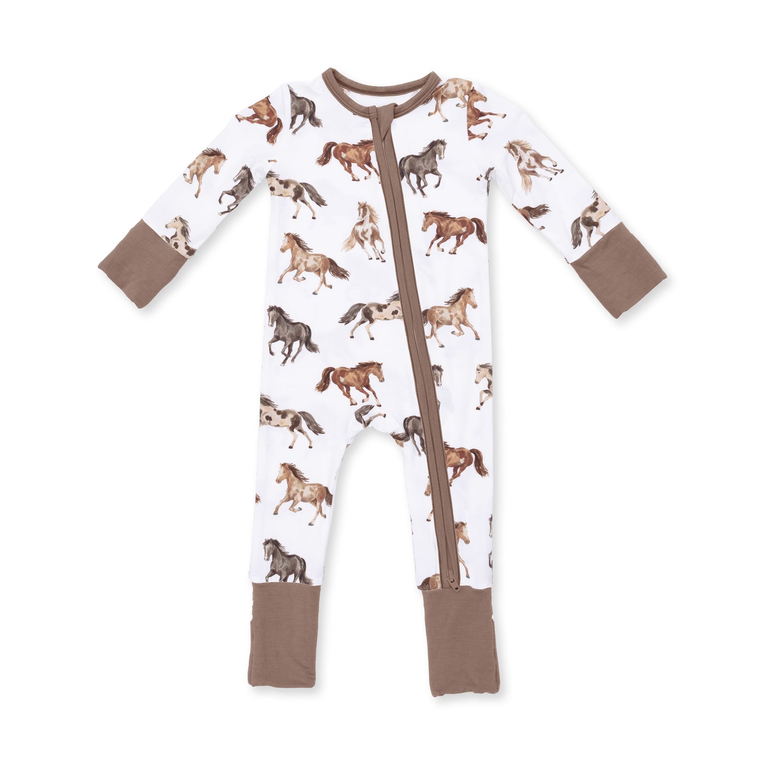 Convertible bamboo romper in a wild horses print with a two-way zipper and footed cuffs