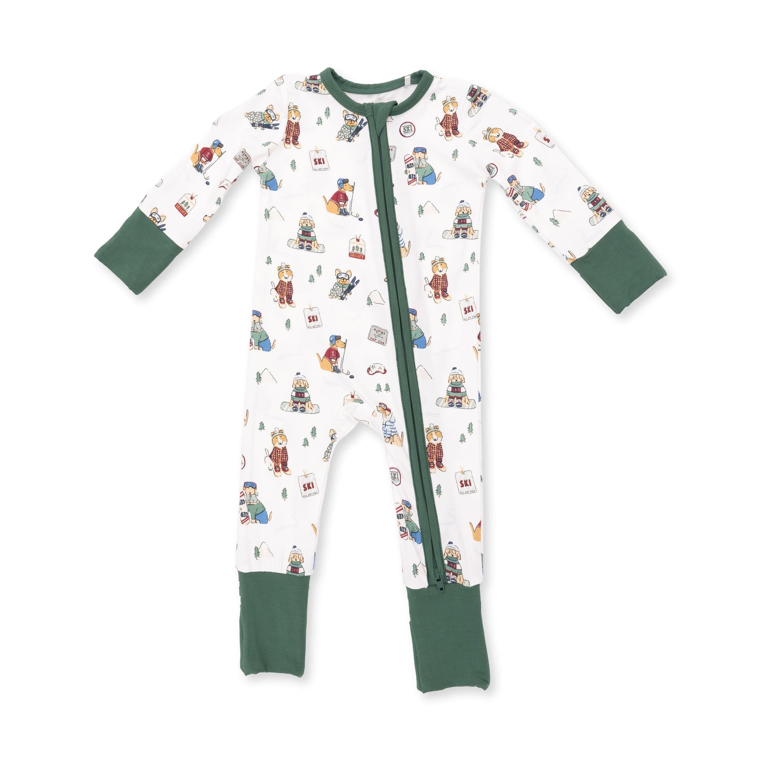 Convertible romper in green with a winter sports dogs print, two-way zipper, and folded foot cuffs