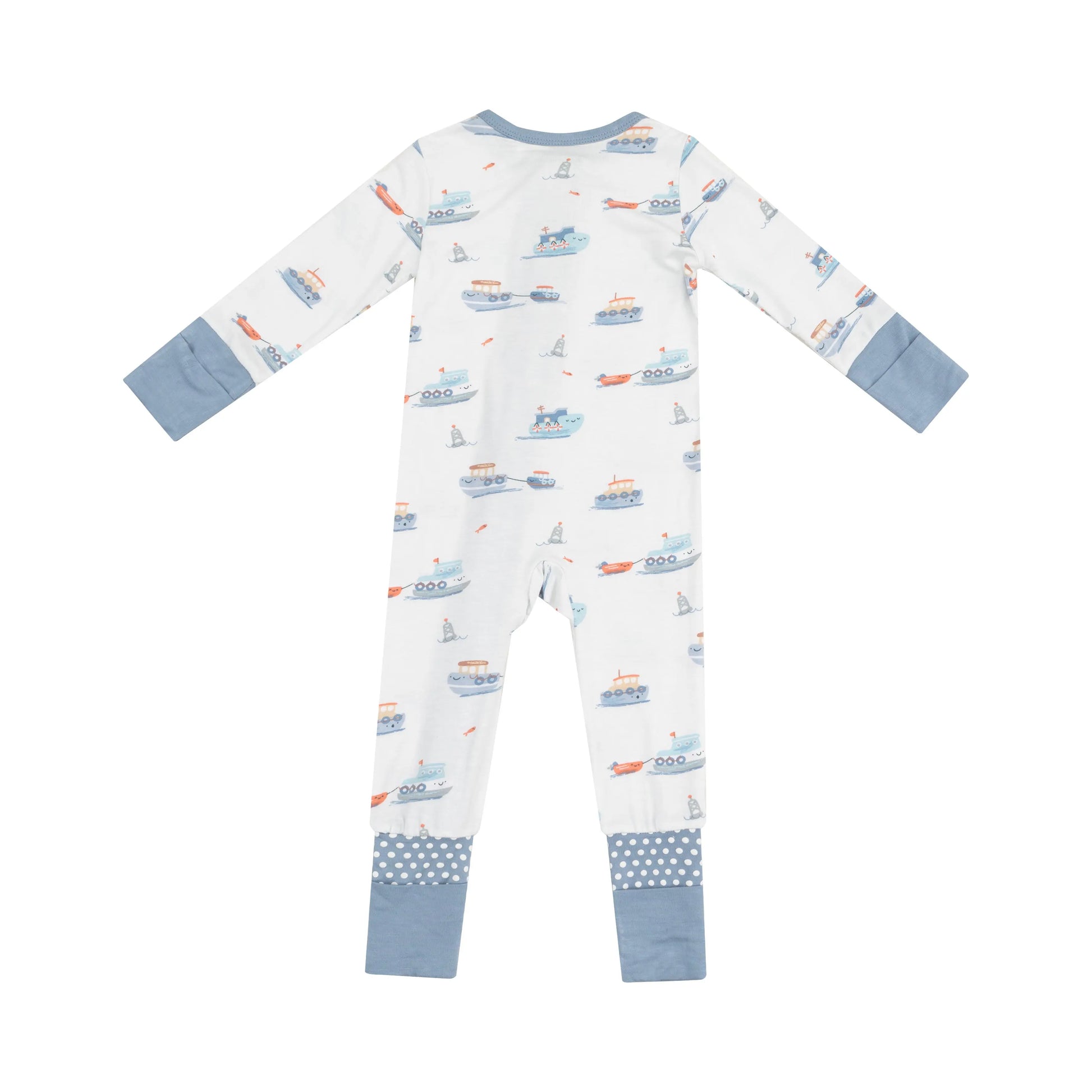 2 Way Zipper Romper Bubbly Tugboats Eco Friendly Viscose from Bamboo Fiber.