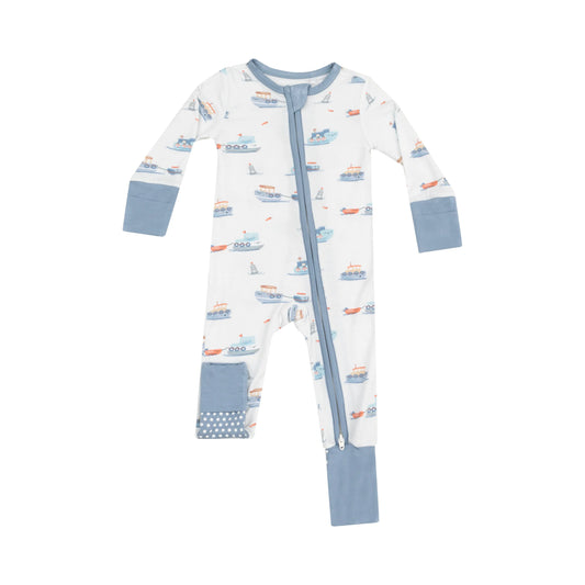 2 Way Zipper Romper Bubbly Tugboats Eco Friendly Viscose from Bamboo Fiber.