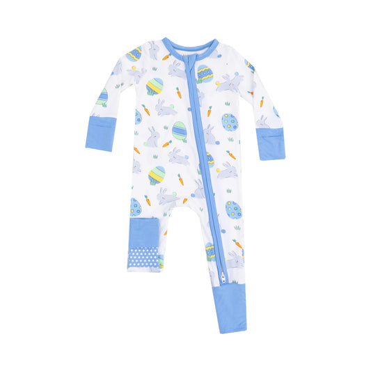 2 Way Zipper Romper Easter Bunnies Blue.