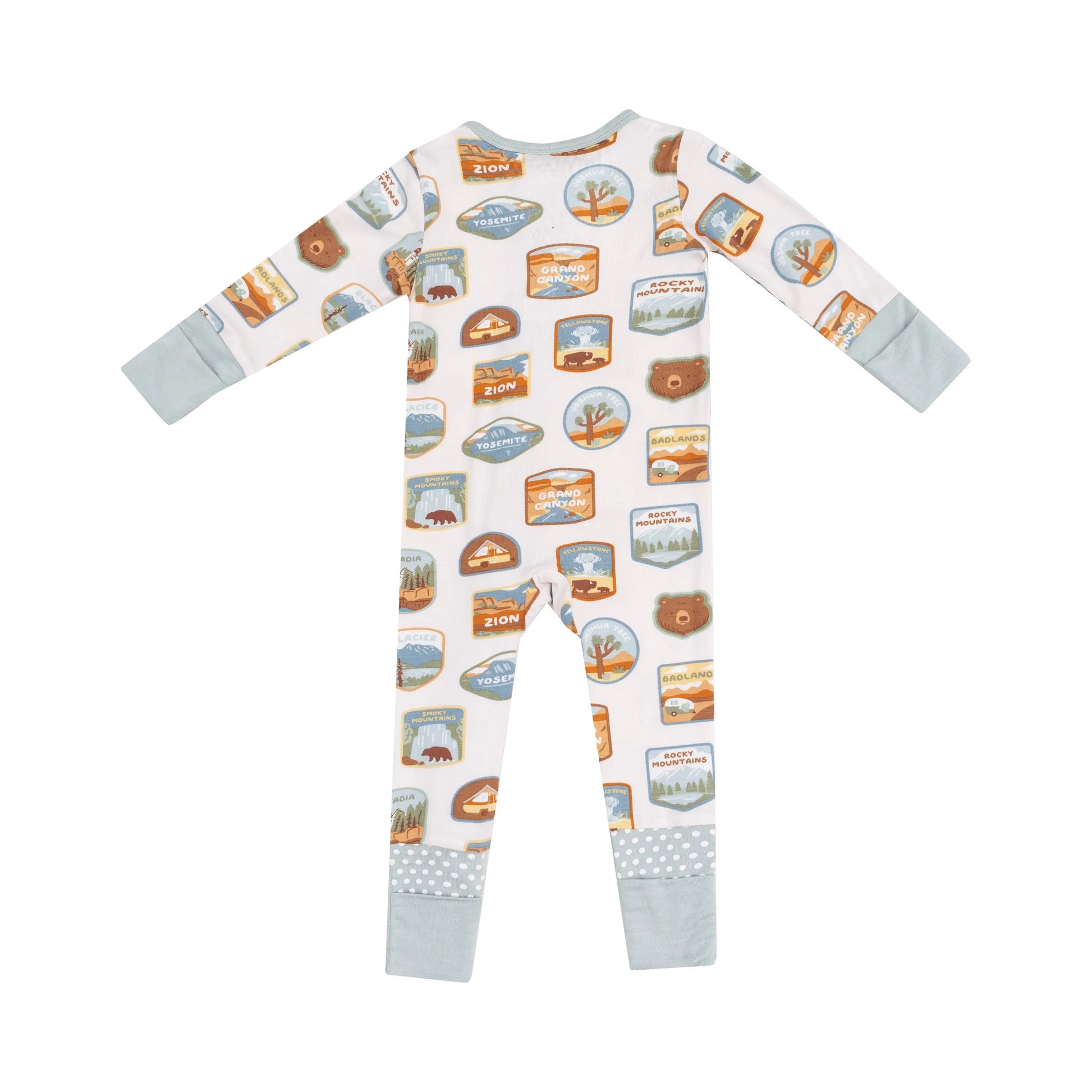 2 Way Zipper Romper with National Park Patches for Babies.