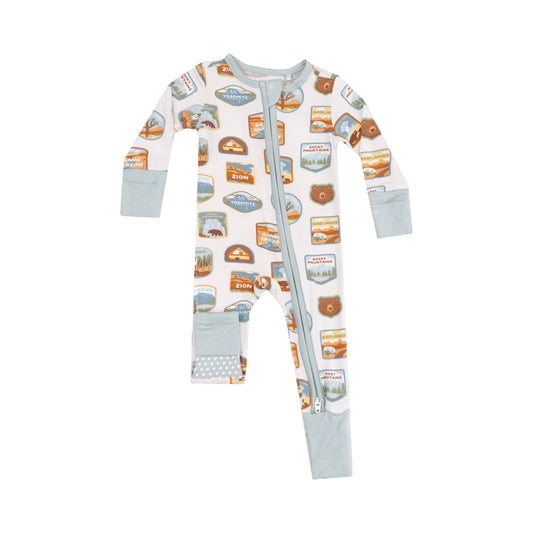 2 Way Zipper Romper with National Park Patches for Babies.