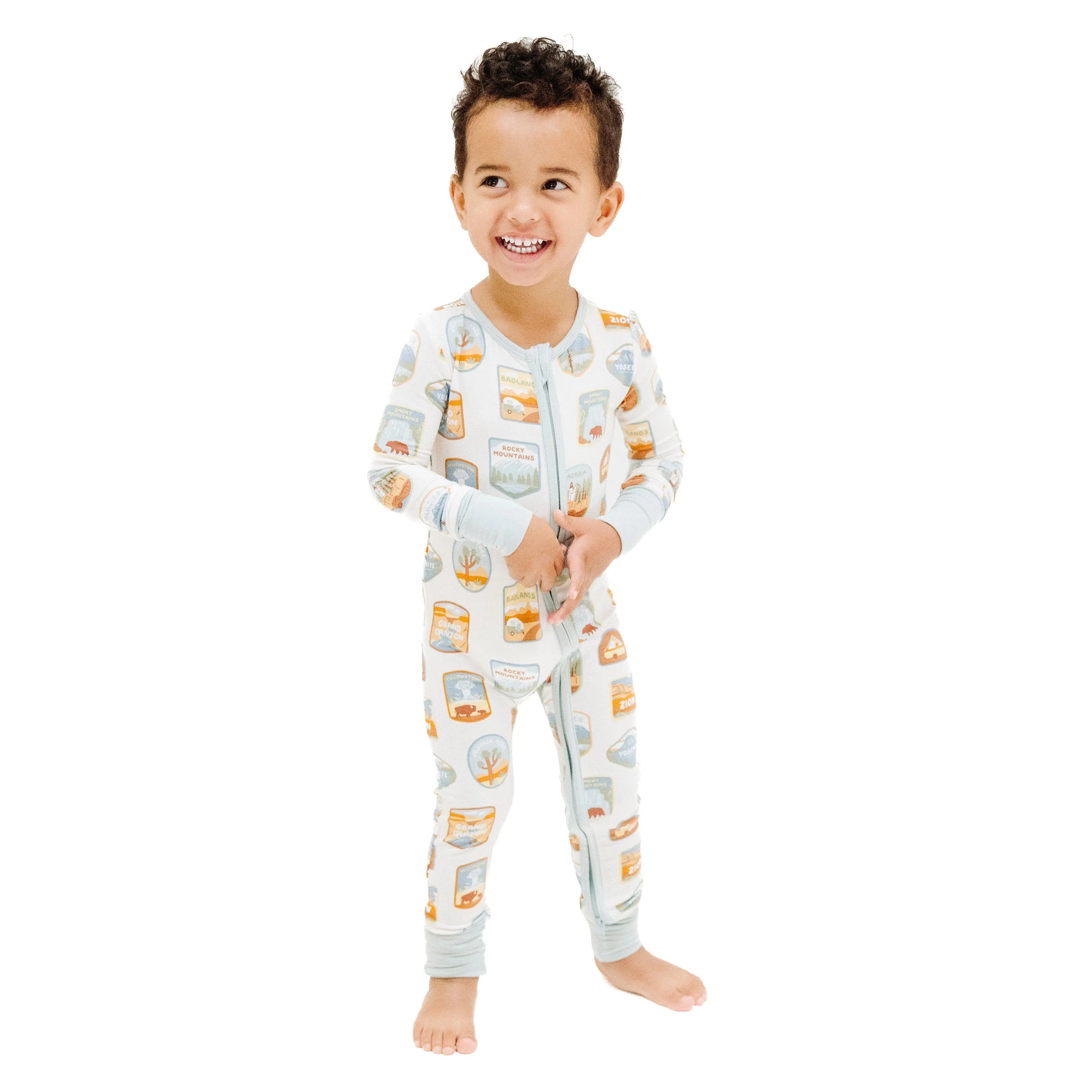 2 Way Zipper Romper with National Park Patches for Babies.
