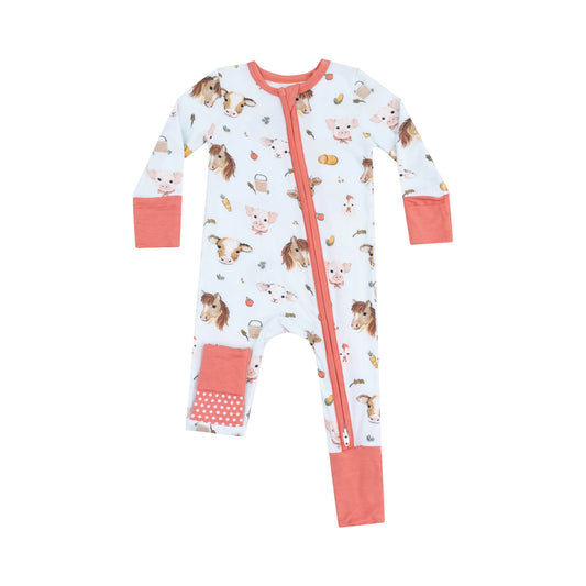 2 Way Zipper Romper Vintage Animal Faces Blue.